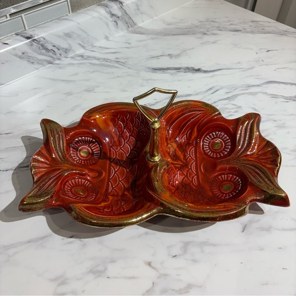 Vintage Owl Candy Dish double sided MCM orange red